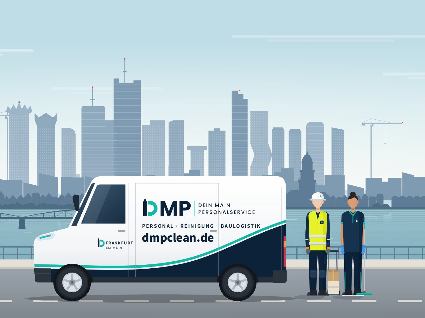 Illustration: DMP-Transporter mit Firmenbeschriftung vor der Frankfurter Skyline, daneben zwei Mitarbeitende in Arbeitskleidung